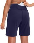 SANTINY Bermuda Shorts for Women with Zipper Pocket Womens High Waisted Long Shorts for Running Workout Athletic(Navy_L)