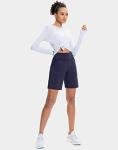 SANTINY Bermuda Shorts for Women with Zipper Pocket Womens High Waisted Long Shorts for Running Workout Athletic(Navy_L)