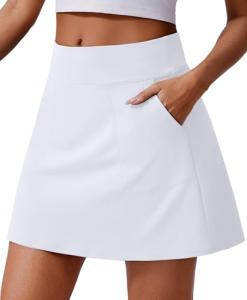 PINSPARK Women's Golf Skirts Skort with 4 Pockets Stretchy Tennis Skirt UPF 50+ Built-in Shorts Workout Pickleball Skorts, White Medium