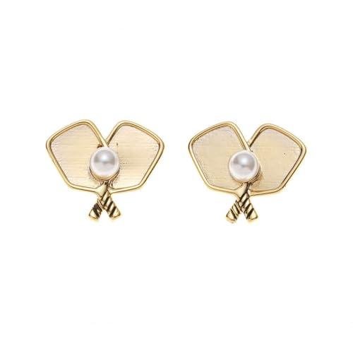 Born to Rally Pickleball Earrings for Women — Double Paddle Stud Earrings with Rhinestone Ball, Cute Pickleball Gift, Sporty Jewelry (Pearl Ball)