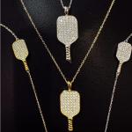 Pickleball Jewelry Gemstone Pendant Necklace Bracelet Set Paddle Racquet Racket Gift Silver 14K Gold Women (Gold Necklace and Bracelet Set, White Stones)