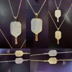 Pickleball Jewelry Gemstone Pendant Necklace Bracelet Set Paddle Racquet Racket Gift Silver 14K Gold Women (Gold Necklace and Bracelet Set, White Stones)