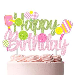 Pickleball Birthday Party Decorations for Girls Green and Pink Glitter Pickleball Happy Birthday Cake Topper for Pickle ball Player Bday Party Decoration Supplies