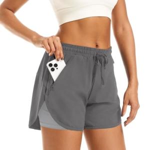 APWKL Women's 2 in 1 Athletic Running Shorts Quick Dry Workout Casual Gym Sweat Shorts Mesh Comfy Liner Zipper Pockets(Grey,M)