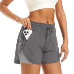 APWKL Women's 2 in 1 Athletic Running Shorts Quick Dry Workout Casual Gym Sweat Shorts Mesh Comfy Liner Zipper Pockets(Grey,M)