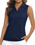 MAGCOMSEN Women's Polo Shirts Sleeveless Golf Tank Tops UPF 50+ Moisture Wicking Collared Workout Pickleball Tops Navy M