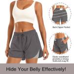 APWKL Women's 2 in 1 Athletic Running Shorts Quick Dry Workout Casual Gym Sweat Shorts Mesh Comfy Liner Zipper Pockets(Grey,M)