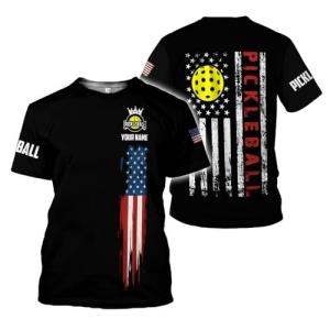 MoonArt Personalized Pickleball T-Shirt 3D Men Women Gifts Sleeve Apparel Black Flag Jersey Tee Sport Fit Clothing Outfits (Polyester Blend, PB12)