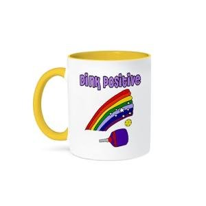 3dRose Funny Dink Positive with Rainbow and Pickleball Paddle and Ball Pun 15oz Two-Tone Yellow Mug