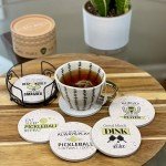 KCT Store Pickleball Gifts for Women and Men - Appreciation Gifts - Absorbent Ceramic Coasters 6pc - Metal Holder & Cylinder Kraft Gift Box Included