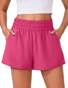 PINSPARK Womens 3" High Waisted Athletic Running Shorts, Breathable Quick Dry Linerless Gym Workout Shorts with Pockets Hot Pink