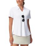 Casei Women's Golf Polo Shirt with Sunglass Loop, No-Tuck Peplum Tennis Pickleball Top, V-Neck UPF 50+ White-L