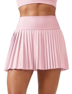 CRZ YOGA High Waisted Pleated Tennis Skirts for Women - Mini Lined Casual Tummy Control Skort with Pockets Strawberry Pink Medium