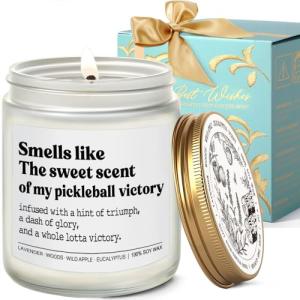 Pickle Candles Pickleball Gifts for Women, Funny Gifts for Pickle Ball Lovers, Players, Fans, Sports, The Sweet Scent of My Pickleball Victory Lavender Wood Wild Apple Eucalyptus Scent Candle 9OZ