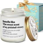 Pickle Candles Pickleball Gifts for Women, Funny Gifts for Pickle Ball Lovers, Players, Fans, Sports, The Sweet Scent of My Pickleball Victory Lavender Wood Wild Apple Eucalyptus Scent Candle 9OZ