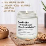 Pickle Candles Pickleball Gifts for Women, Funny Gifts for Pickle Ball Lovers, Players, Fans, Sports, The Sweet Scent of My Pickleball Victory Lavender Wood Wild Apple Eucalyptus Scent Candle 9OZ