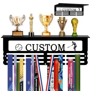 Personalized Medal Hanger Display Customized Custom Medal Holder Organizer For Wall Mount Customizable Sports Gifts for Dance Gymnastics Running Football Soccer Pickleball Baseball (With Trophy Shelf)