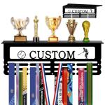 Personalized Medal Hanger Display Customized Custom Medal Holder Organizer For Wall Mount Customizable Sports Gifts for Dance Gymnastics Running Football Soccer Pickleball Baseball (With Trophy Shelf)