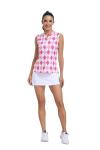 MoFiz Women's Sleeveless Golf Polo Shirt Tennis Tank Tops 1/4 Zip Collarless Quick Dry Lightweight for Athletic Pickleball Workout Pink Argyle L