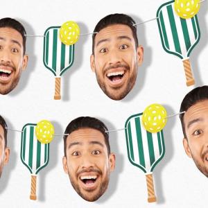 Big Dot of Happiness Custom Pickleball Face Cut Out Garland Banner, Personalized Sports Birthday or Retirement Party Decor, 30 Feet of Cord, 5 Photo Face Cutouts, 5 Pickleball Paddles