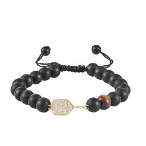 New valley warbler Adjustable Pickleball Bracelet with Crystal Paddle Charm, Pink and Black Beaded Design, Sports Jewelry Gift (Black)