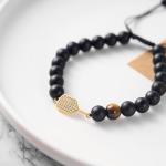 New valley warbler Adjustable Pickleball Bracelet with Crystal Paddle Charm, Pink and Black Beaded Design, Sports Jewelry Gift (Black)