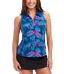 Tipsy Elves Quick Dry Women's Golf Shirt Sleeveless 1/4 Zip Tennis Shirts for Women Tank Top Polo Pickleball Outfits - Women's Bright Navy Nighttime Tropics Golf Polo Size Small