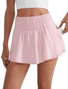 CRZ YOGA Ruffle Skirt Overlay Athletic Shorts for Women - High Waisted Flowy for Workout Running Tennis with Zip Pocket Strawberry Pink Small
