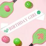 Serencatcher Pickleball Birthday Sash for Girl, Pink Green Pickleball Birthday Girl Sash Glitter Letter Satin with Gold Pin for Sport Theme Party Favors Accessories Decorations