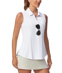 Casei Women's Sleeveless Golf Polo Shirt with Sunglass Loop, UPF 50+ Quick Dry Tennis Pickleball No-Tuck Peplum Top 1/4 Zip - White-M