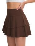 DLOODA Tennis Skirt for Women, Double Ruffle Golf Skirt High Waisted Flowy Athletic Skort with Pockets Workout Pickleball Y2K Brown