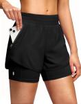 Soothfeel Women's 2 in 1 Athletic Running Shorts with Liner Zipper Pocket 5" High Waisted Gym Workout Tennis Shorts for Women Black XL