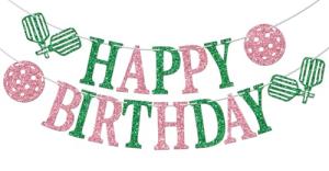 Pickleball Birthday Banner, Pickleball Theme Happy Birthday Party Decorations, Sport Decoration for Bday/Baby Shower Party, Pickle Ball Lover Player Bday Decor Green & Pink Glitter