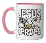 Jesus The One Who Serves Religious Pickleball - Ceramic Mug, Pink/White