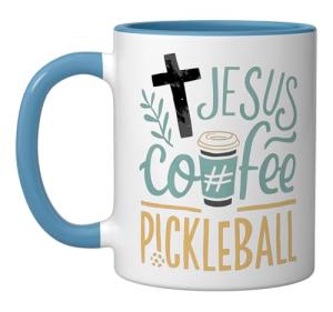 Jesus Coffee Pickleball Ceramic Mug, Blue/White
