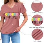 WESEOOU Pickleball Shirts Women It's A Good Day to Play Pickleball Funny Casual Letter Printed V-Neck Tees Tops Rose Gold