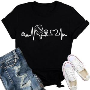 IFQ Pickleball Shirt for Women Heartbeat Pickleball Lover Player T-Shirt Funny Sport Tee Tops Black