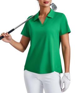 PINSPARK Golf Shirts for Women V Neck Tennis Tops SPF 50+ Polo Shirt Short Sleeve Pickleball T-Shirt Lightweight Activewear, Green L