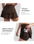 DLOODA Tennis Skirt for Women, Double Ruffle Golf Skirt High Waisted Flowy Athletic Skort with Pockets Workout Pickleball Y2K Brown
