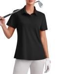 PINSPARK Golf Shirts for Women UPF 50+ Collared T Shirt Short Sleeve Tennis Polo Shirts Lightweight Athletic Tops with 4 Buttons Pickleball, Black Large