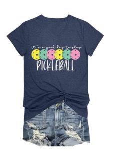 WESEOOU Pickleball Shirts Women It's A Good Day to Play Pickleball Funny Casual Letter Printed V-Neck Tees Tops Navy