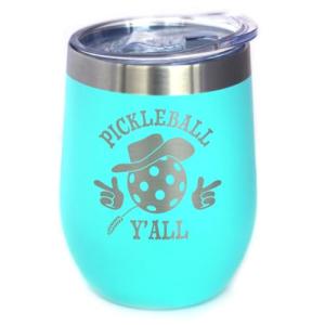 Bevvee Funny Pickleball Gifts - Wine Tumbler Cup with Sliding Lid - Pickleball Y'all - Stainless Steel Insulated Mug, 12 oz - Teal