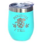 Bevvee Funny Pickleball Gifts - Wine Tumbler Cup with Sliding Lid - Pickleball Y'all - Stainless Steel Insulated Mug, 12 oz - Teal