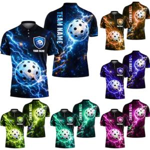 Personalized 3D Pickleball Polo Shirt Custom Name Team Jersey Electric Blue Lightning Ball Graphic Unisex Athletic Performance Top Training Match Court Wear Digital Sport Apparel Pro Active