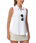 Casei Women's Sleeveless Golf Polo Shirt with Sunglass Loop, UPF 50+ Quick Dry Tennis Pickleball No-Tuck Peplum Top 1/4 Zip - White-L