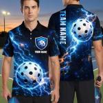 Personalized 3D Pickleball Polo Shirt Custom Name Team Jersey Electric Blue Lightning Ball Graphic Unisex Athletic Performance Top Training Match Court Wear Digital Sport Apparel Pro Active