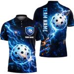 Personalized 3D Pickleball Polo Shirt Custom Name Team Jersey Electric Blue Lightning Ball Graphic Unisex Athletic Performance Top Training Match Court Wear Digital Sport Apparel Pro Active