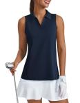 PINSPARK Womens Golf Shirt Sleeveless UPF 50+ Tennis Polo V Neck Moisture Wicking Athletic Workout Tank Tops Pickleball Shirts,Navy M