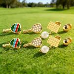 JNCTCOE 4 Pairs Cute Sports Earrings for Women, Dainty Rhinetsone Pickleball Earrings Set Dainty Statement Sports Theme Pickleball Gold Stud Earring for Women Jewelry Gifts