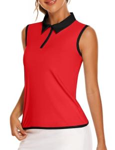 COOrun Sleeveless Golf Shirts for Women UV Protection Tennis Tops with Collar Zipper Pickleball Tank Top Lightweight Athletic T Shirt, Red X-Large